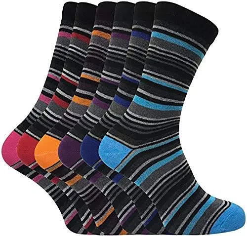 Pack of six striped dress socks with colorful toes and heels