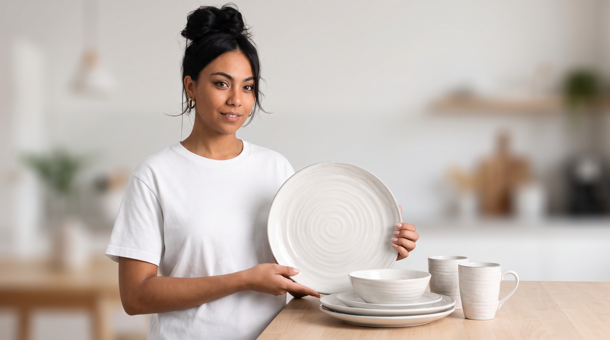 Stoneware mug set for daily use displayed with matching dinnerware
