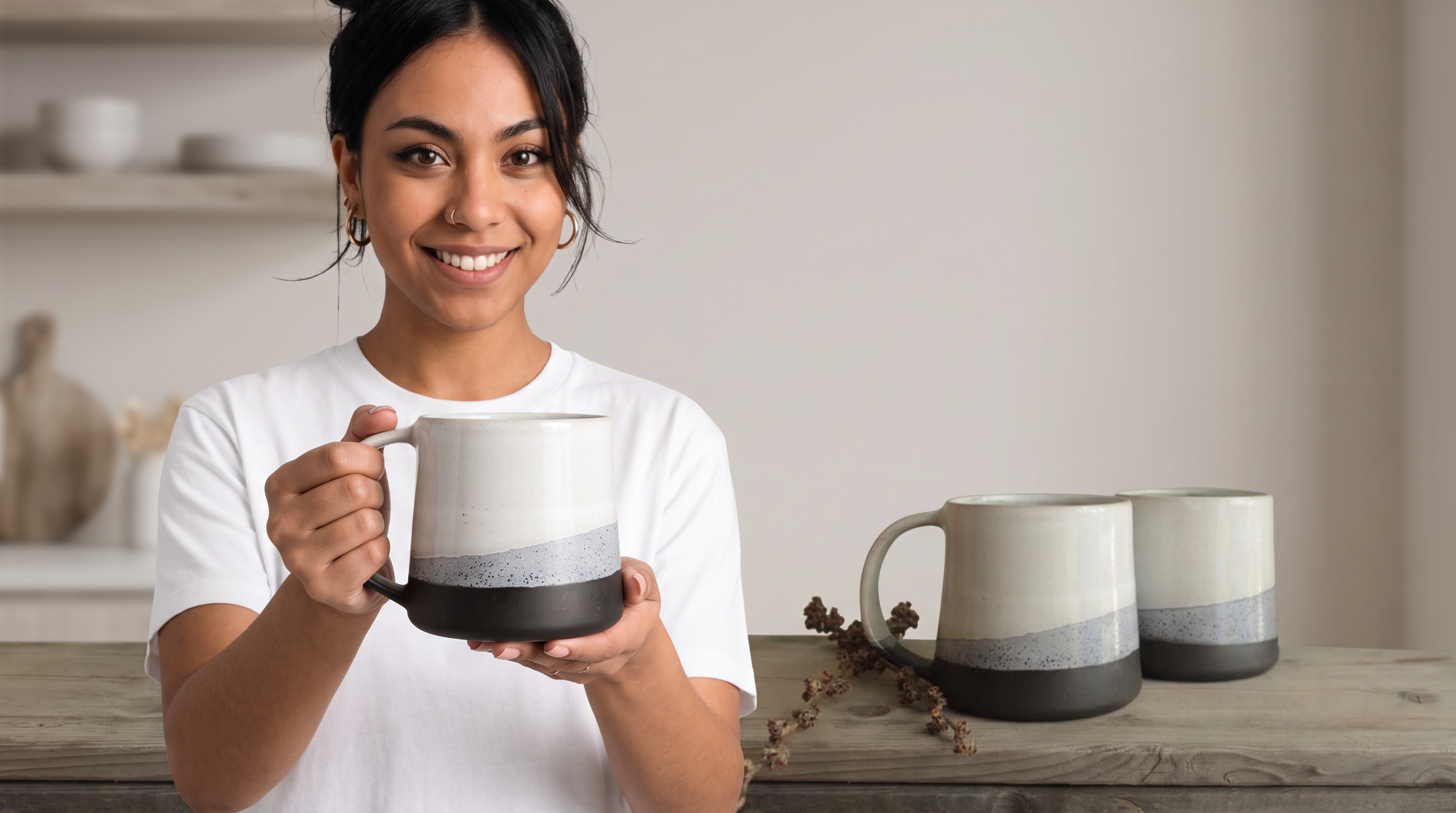 Porcelain mug modern minimalist design held by a smiling woman