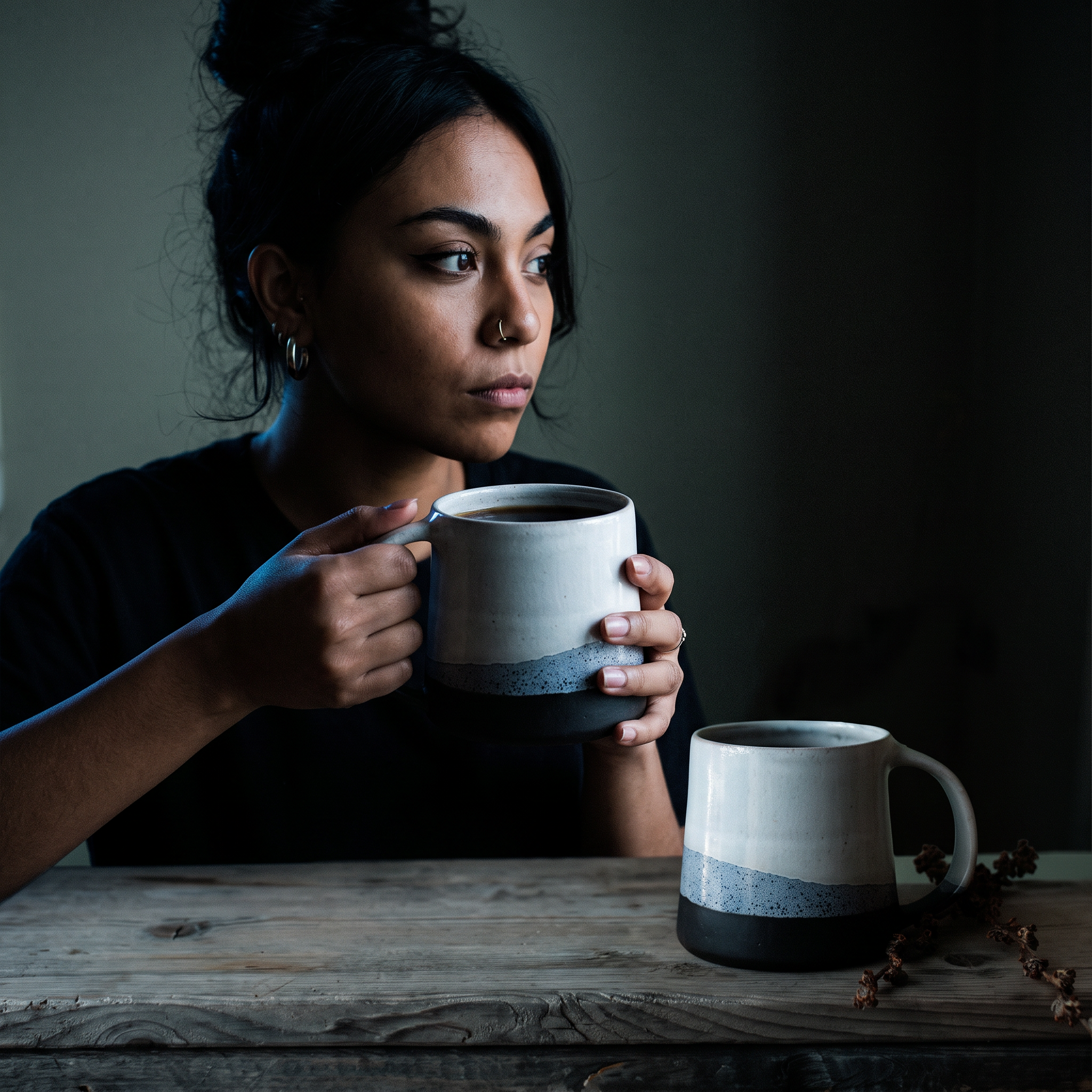 Porcelain Mug Modern Minimalist held by a woman in dim lighting
