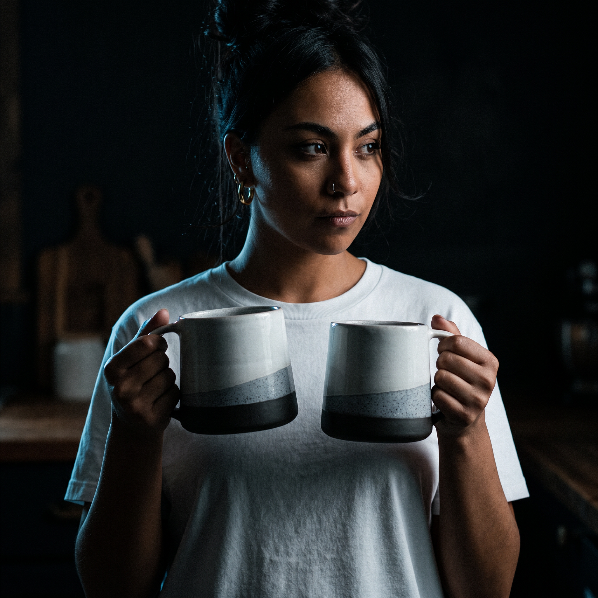 Porcelain Mug Modern Minimalist held by a woman in a dark kitchen