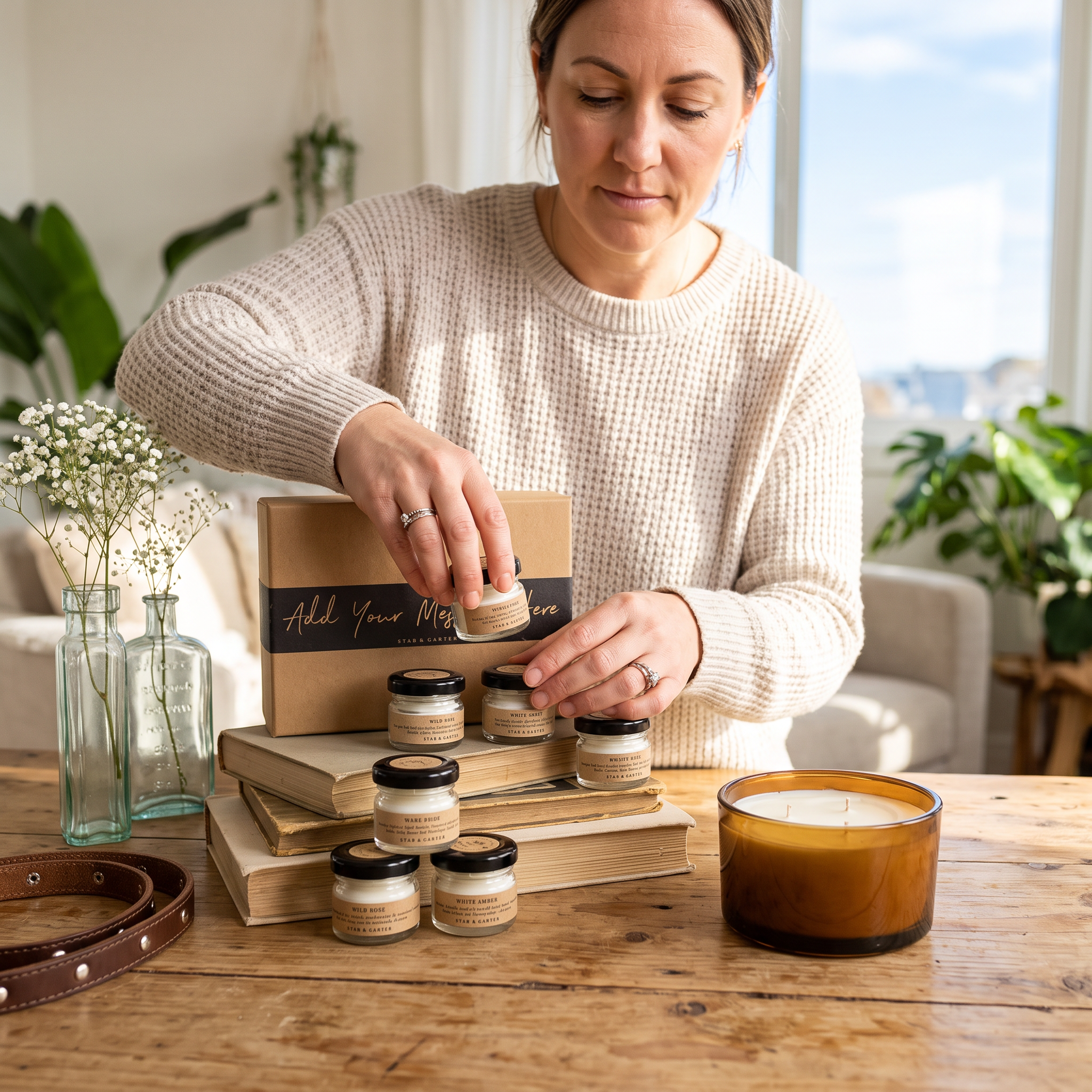 Beeswax 3-Piece Luxury Candle Set being unboxed on a rustic wooden table