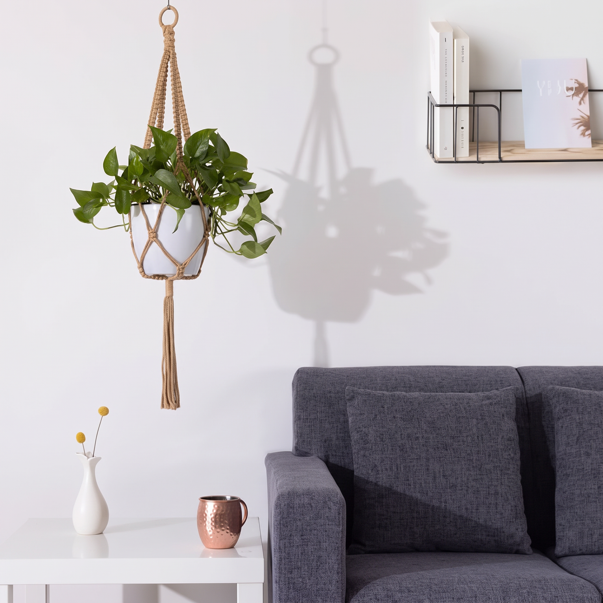 Bohemian hand-knotted macrame wall art hanging in a modern living room
